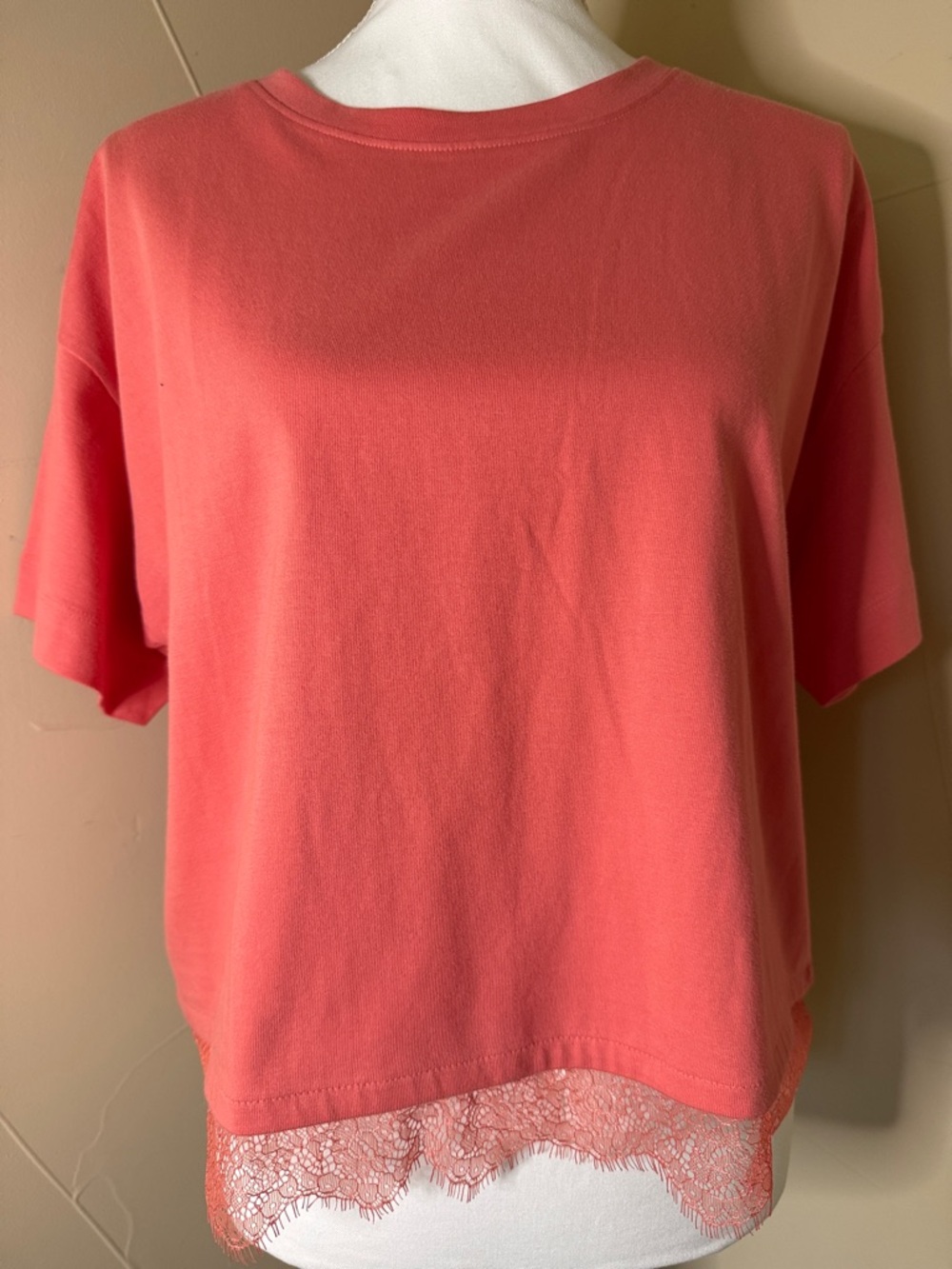 LOFT Coral Short Sleeve Top with Lace Hem